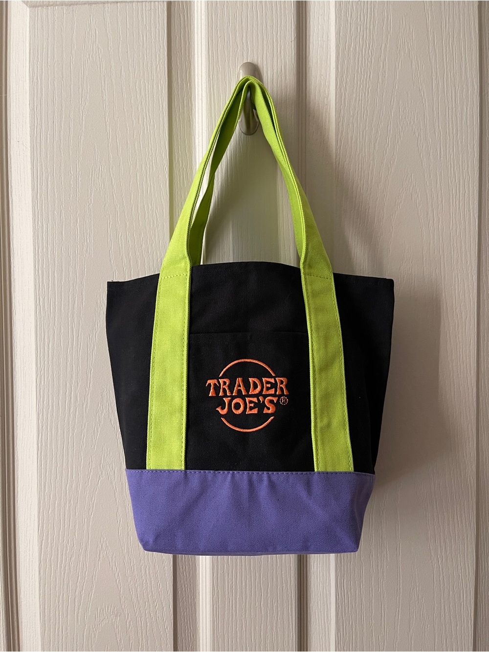 NWT TRADER JOE’S Canvas HALLOWEEN MINI TOTE Black Lime Purple TRICK OR TREAT BAG